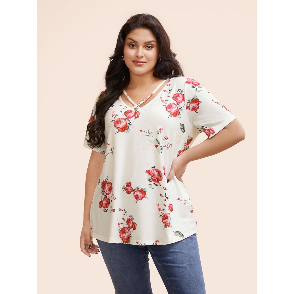 Plus Size Floral Crisscross V Neck T-shirt White Women Elegant Floral V-neck Everyday T-shirts BloomChic 12/L Product Image