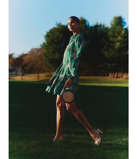 Anne Klein Satin Floral Print Point Collar Neck Long Sleeve Button Front Waist Tie Shirt Mini Dress Product Image