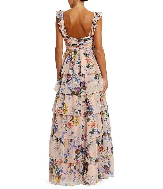 Mac Duggal Floral Print V-Neck Ruffle Sleeveless Tiered Gown Product Image