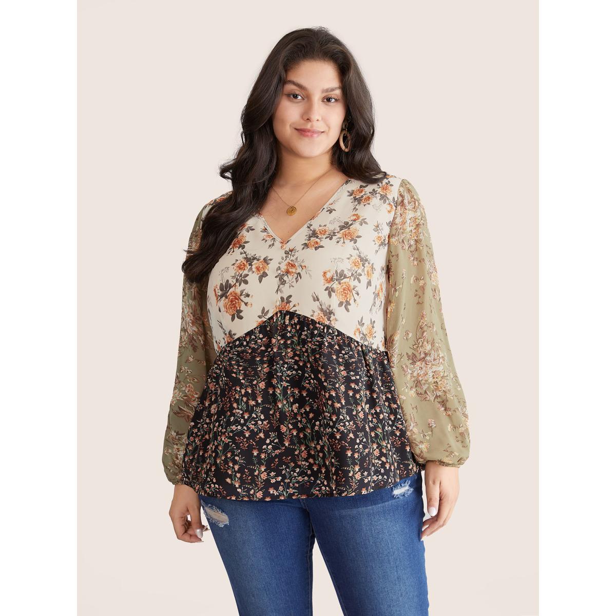 Plus Size Beige Chiffon Contrast Ditsy Floral Patchwork Blouse Women Vacation Long Sleeve V-neck Vacation Blouses BloomChic 14-16/1X Product Image