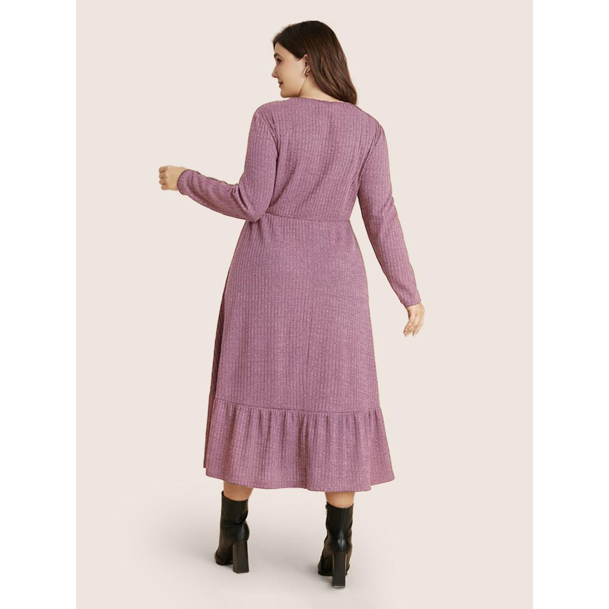 Plus Size Solid Pocket Rib Knit Ruffle Hem Dress Without Belt DustyPink Women Basics Non Round Neck Long Sleeve Curvy Midi Dress BloomChic 12/L Product Image
