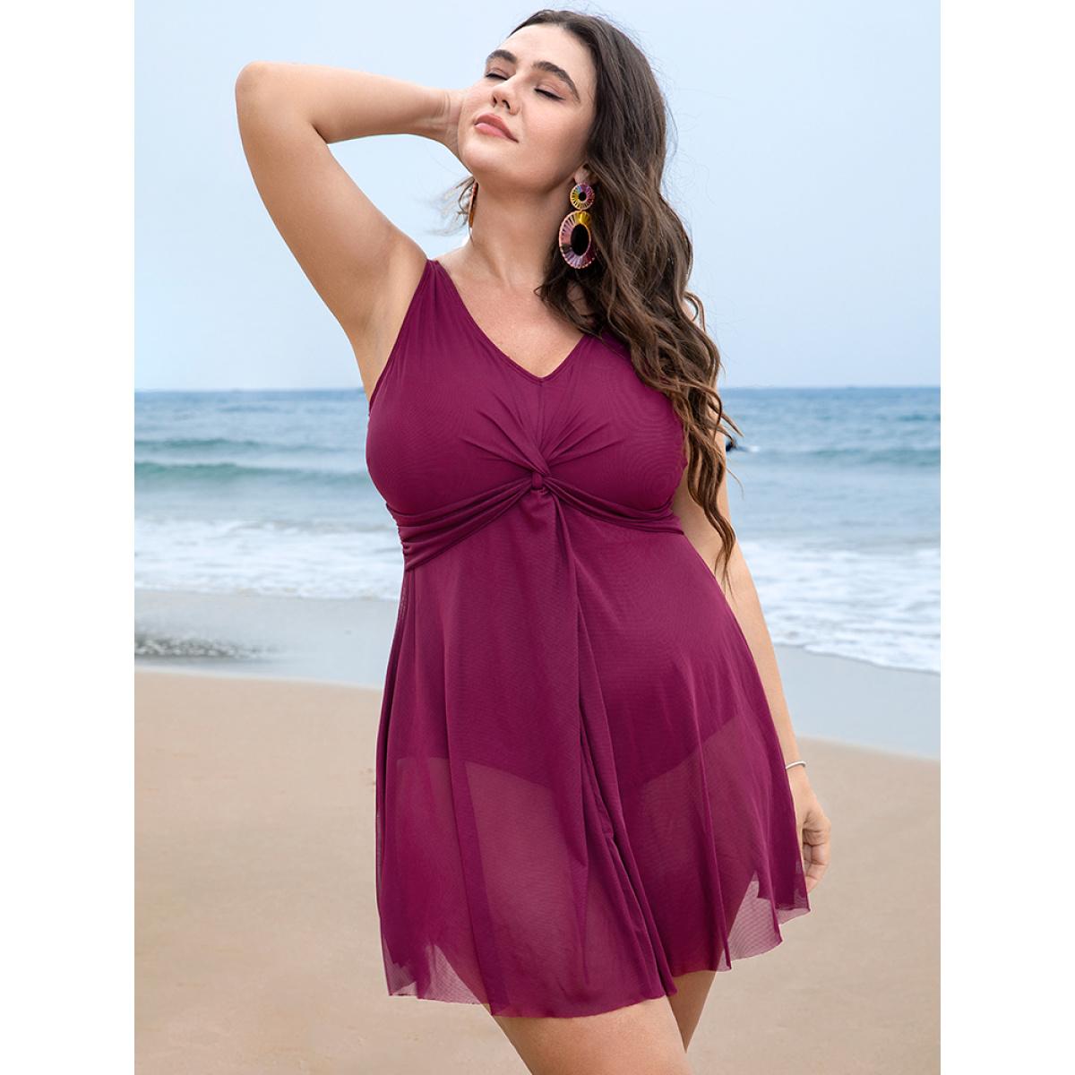 Plus Size Adjustable Straps Mesh Flutter Hem Twist Swim Dress Women's Swimwear RedViolet Vacation Bodycon V-neck High stretch Curve Swim Dresses BloomChic 28/5X Product Image