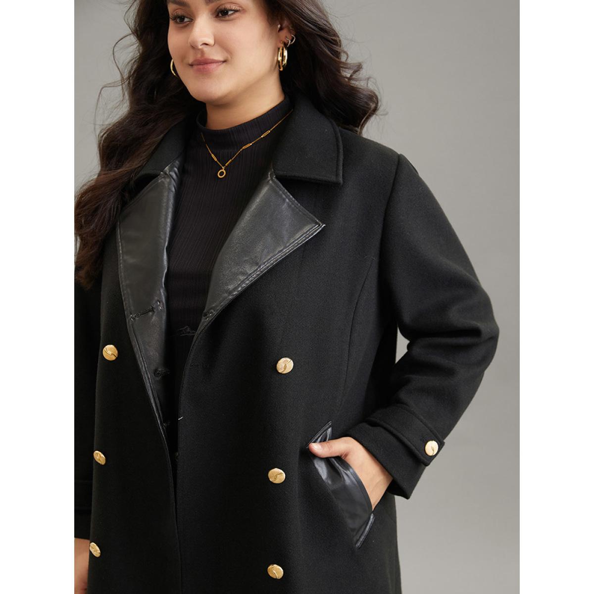 Plus Size PU Patchwork Pocket Double Breasted Jacket Women Black Lined Pocket Dailywear Jackets BloomChic 10/M Product Image