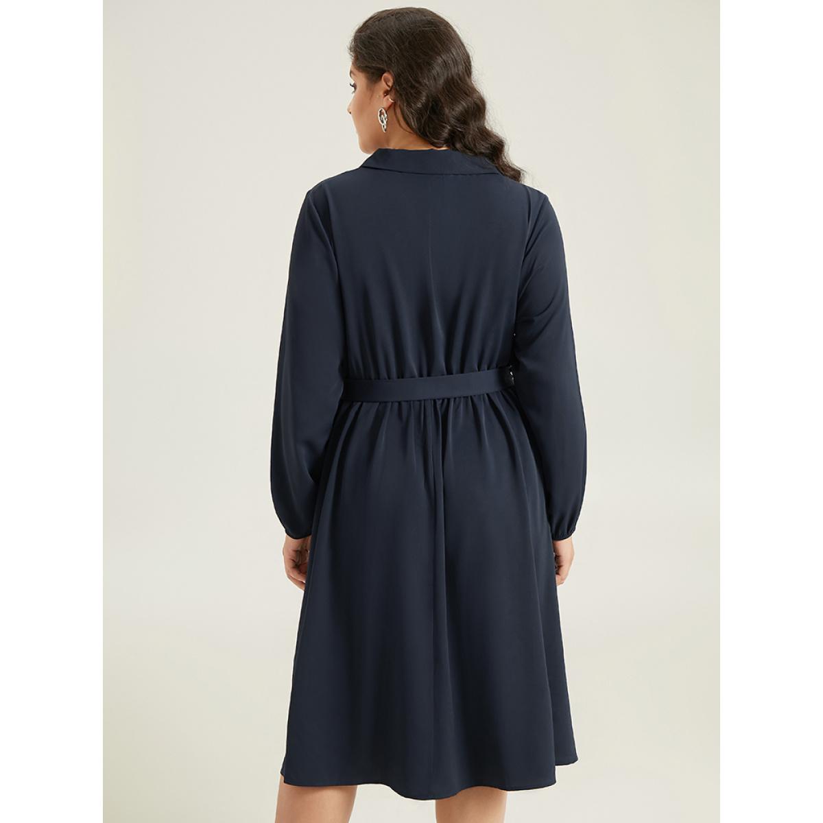 Plus Size Anti-Wrinkle Suit Collar Pocket Belted Shirt Dress Navy Women At the Office Gathered Suit Collar Long Sleeve Curvy Midi Dress BloomChic 10/M Product Image