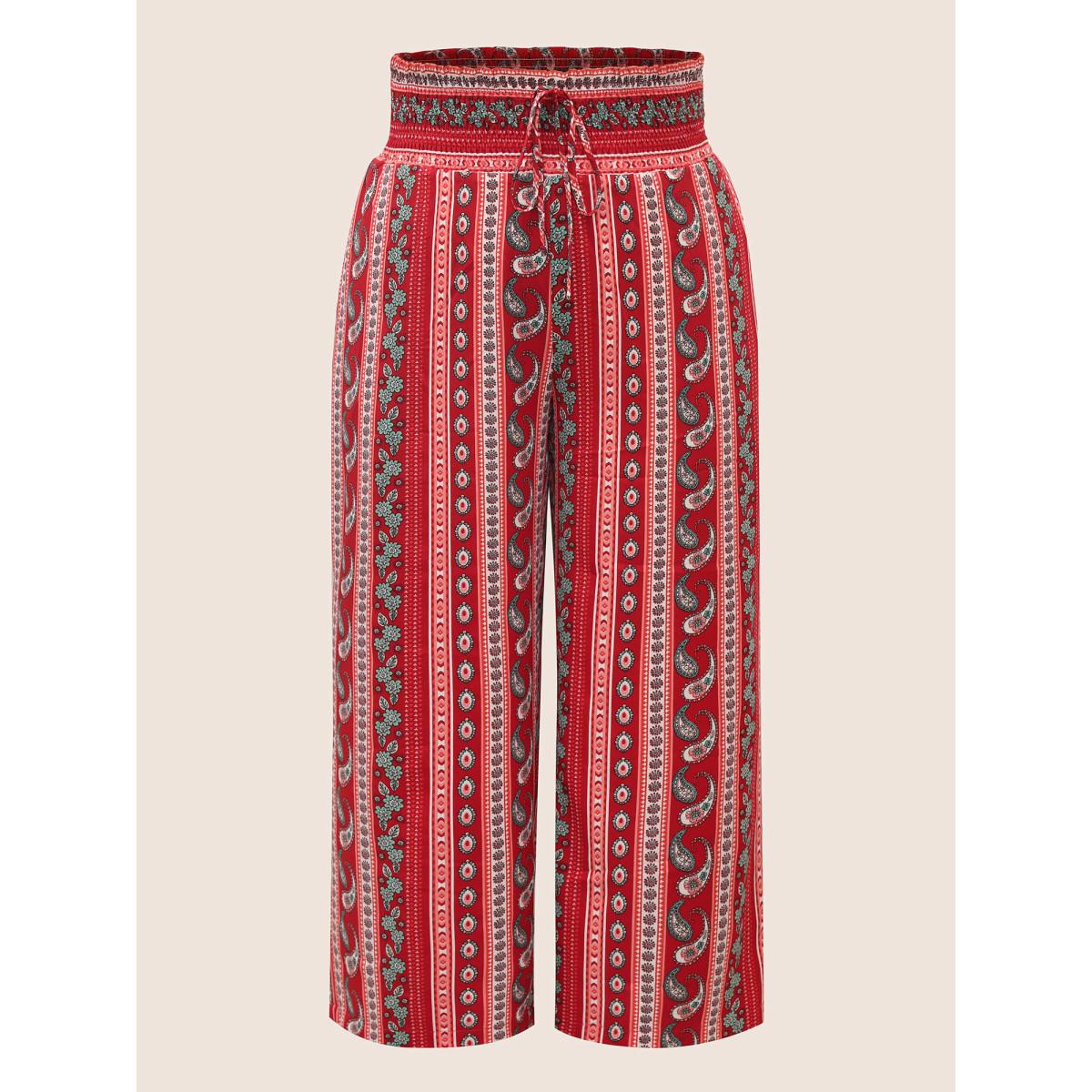 Plus Size Bandana Print Wideband Waist Wide Leg Pants Women Crimson Resort Wide Leg High Rise Vacation Pants BloomChic 18-20/2X Product Image
