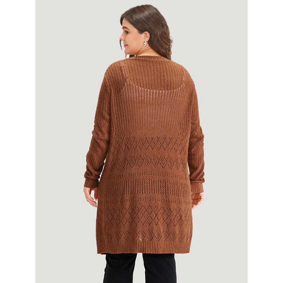 Plus Size Solid Geometric Hollow Out Open Front Cardigan Chocolate Women Casual Long Sleeve Dailywear Cardigans BloomChic 18-20/2X Product Image
