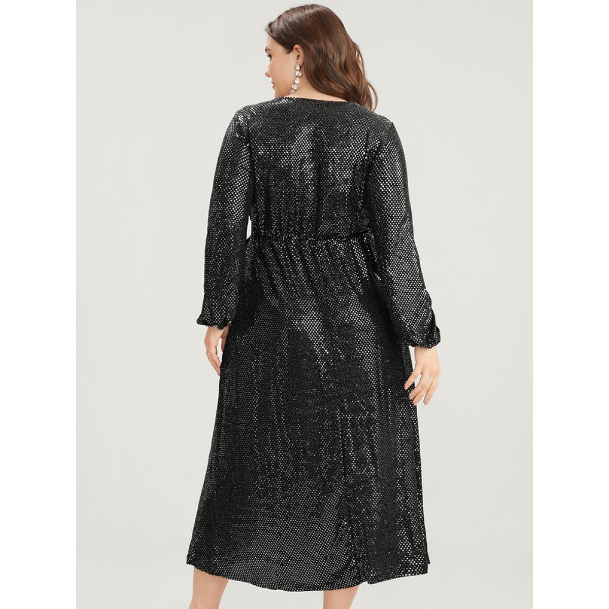 Plus Size Solid Sequin Knotted Side Wrap Lantern Sleeve Dress Black Women Party Knotted V-neck Long Sleeve Curvy Midi Dress BloomChic 26/4X Product Image