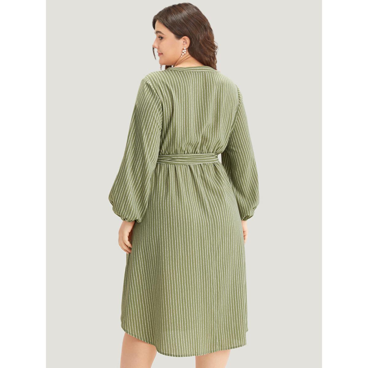 Plus Size Striped Notched Belted Lantern Sleeve Dress Sage Women Work From Home Elastic cuffs Notched collar Long Sleeve Curvy Midi Dress BloomChic 14-16/1X Product Image