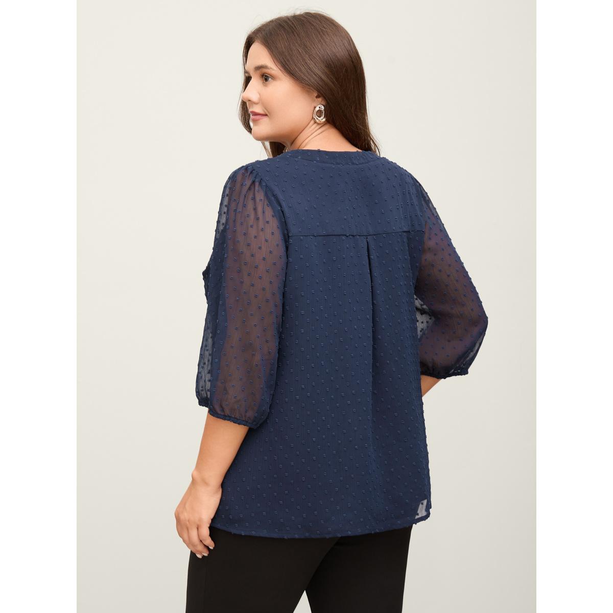 Plus Size Indigo Polka Dots Sheer Textured Blouse Women Office Elbow-length sleeve Notched collar Office Blouses BloomChic 12/L Product Image
