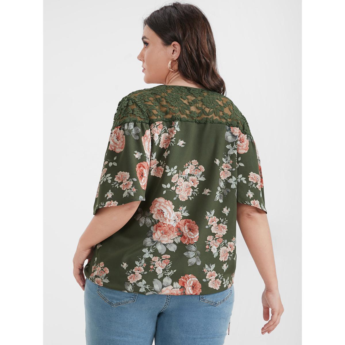 Plus Size Green Floral Contrast Lace Knotted Side Ruffled Blouse Women Elegant Half Sleeve V-neck Dailywear Blouses BloomChic 10/M Product Image