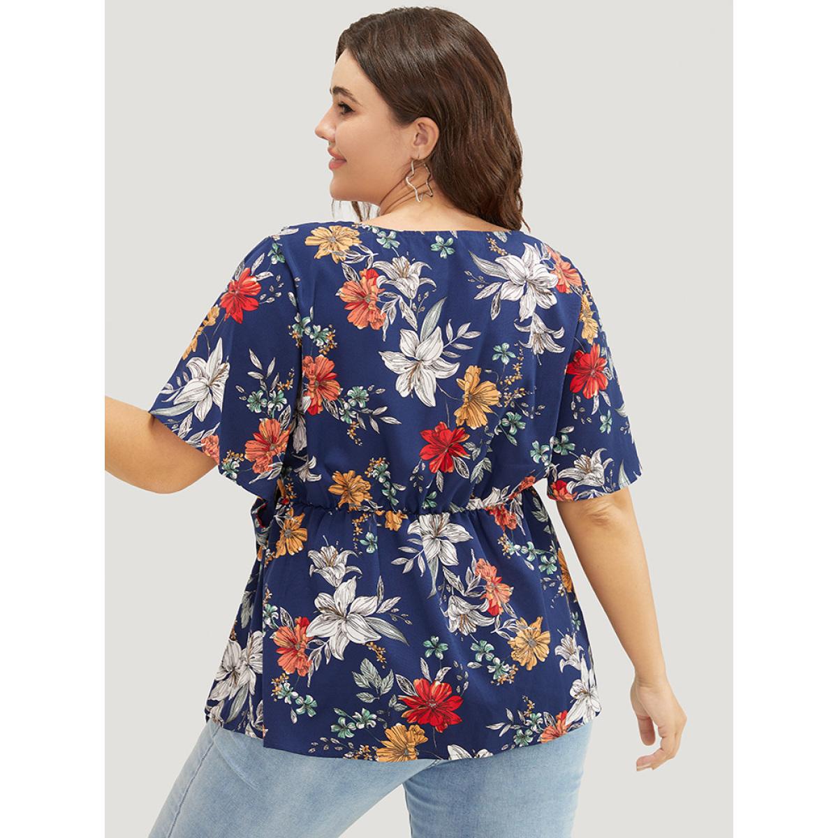 Plus Size Indigo Floral Ruffle Trim Knot Side Wrap Blouse Women Elegant Short sleeve V-neck Dailywear Blouses BloomChic 30/6X Product Image