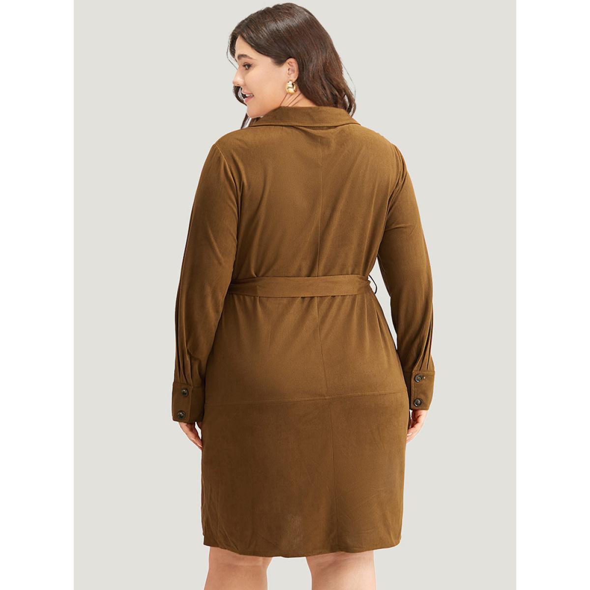 Plus Size Plain Split Hem Button Through Belted Dress Bronze Women Office Plain Shirt collar Long Sleeve Curvy Knee Dress BloomChic 28/5X Product Image