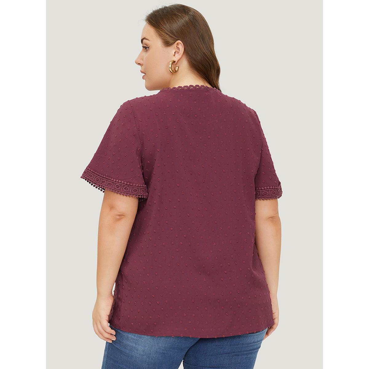 Plus Size RedViolet Polka Dot Gathered Lace Blouse Women Elegant Short sleeve Round Neck Dailywear Blouses BloomChic 10/M Product Image