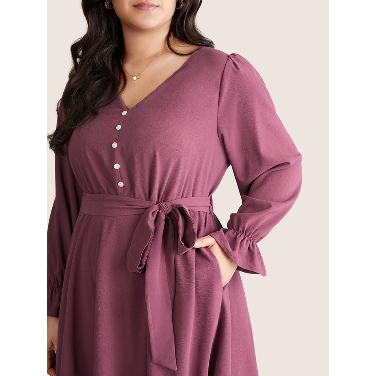 Plus Size Button Detail Belted Ruffle Layered Hem Dress Mauve Women Work From Home Plain V-neck Long Sleeve Curvy Midi Dress BloomChic 28/5X Product Image