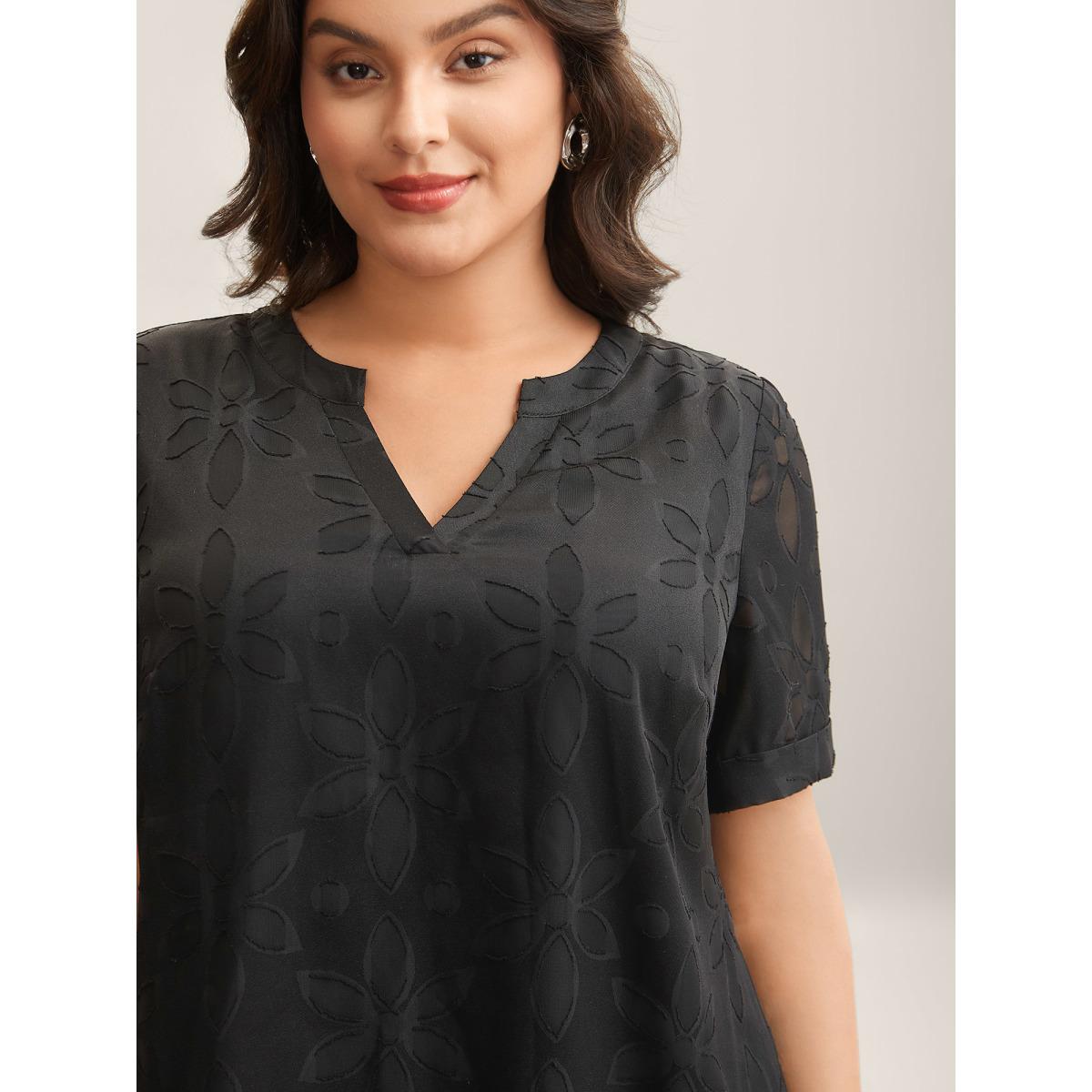 Plus Size Black Floral Cut Print Notched Neck Blouse Women Short sleeve Notched collar Work Blouses BloomChic 14-16/1X Product Image
