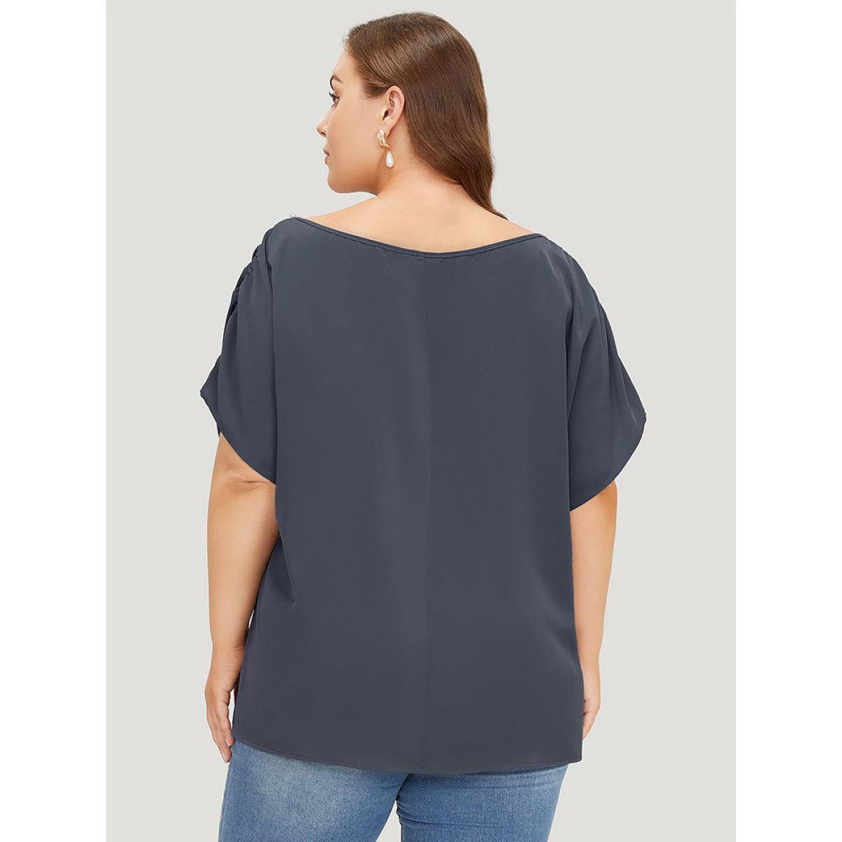 Plus Size Indigo Solid Pearl Beaded Ruched Sleeve Blouse Women Glamour Sleeveless One Shoulder Going out Blouses BloomChic 14-16/1X Product Image