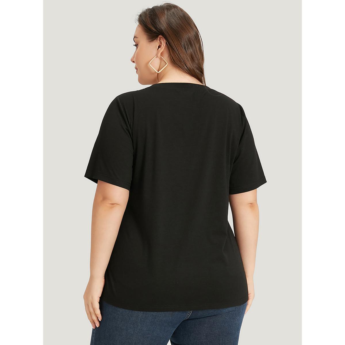 Plus Size Letter Embroidered V Neck T-shirt Black Women Casual Embroidered Letter Dailywear T-shirts BloomChic 14-16/1X Product Image