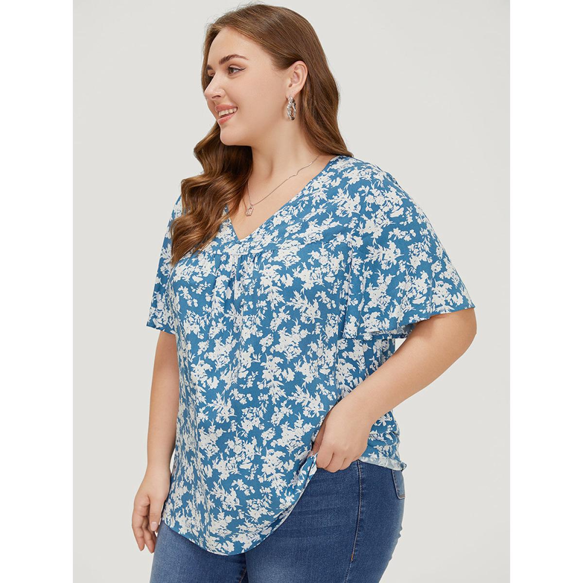 Plus Size Cerulean Floral Flutter Sleeve Gathered Blouse Women Elegant Short sleeve V-neck Dailywear Blouses BloomChic 10/M Product Image