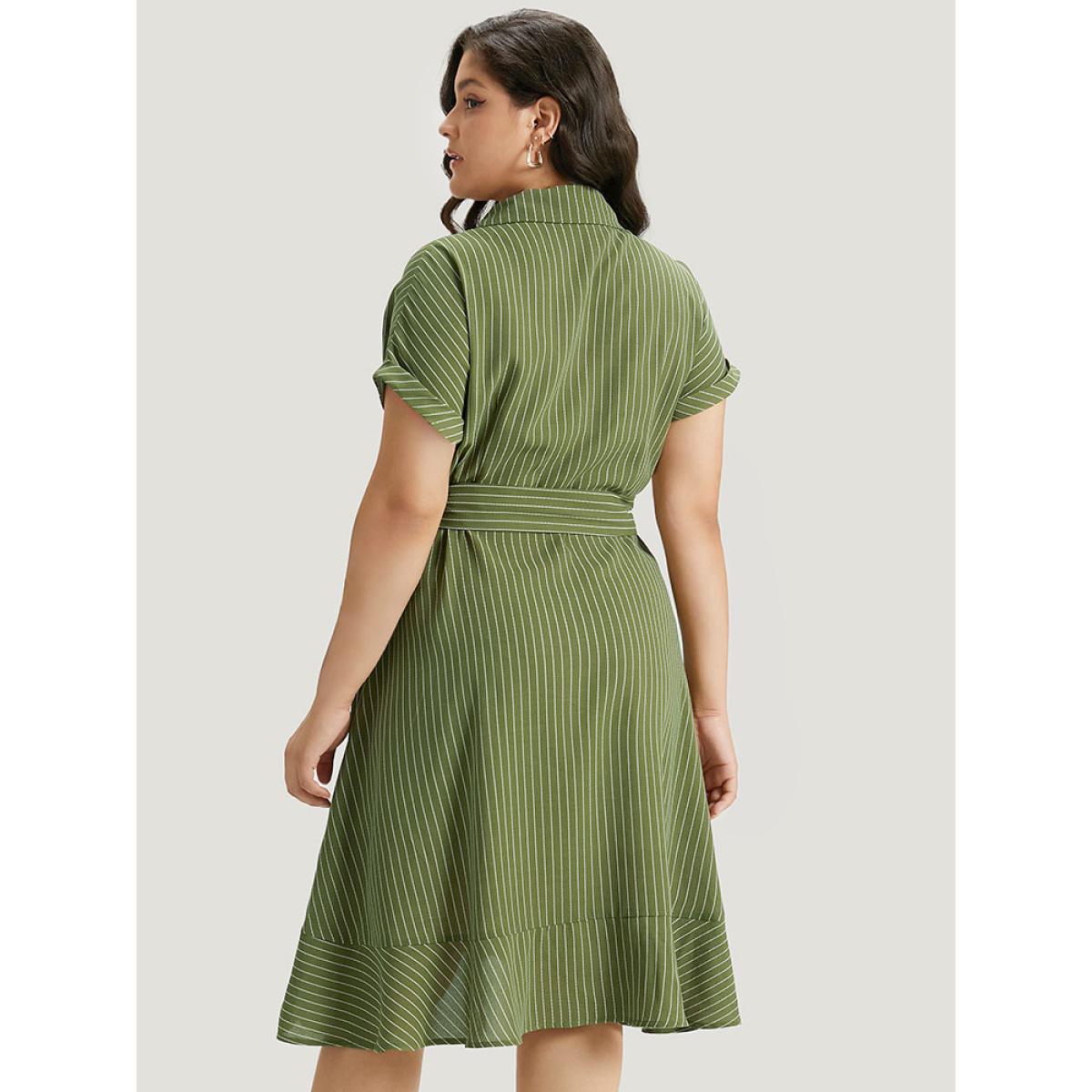 Plus Size Suit Collar Ruffles Pocket Button Up Ties Batwing Sleeve Dress Moss Women Office Button Suit Collar Short sleeve Curvy Midi Dress BloomChic 10/M Product Image