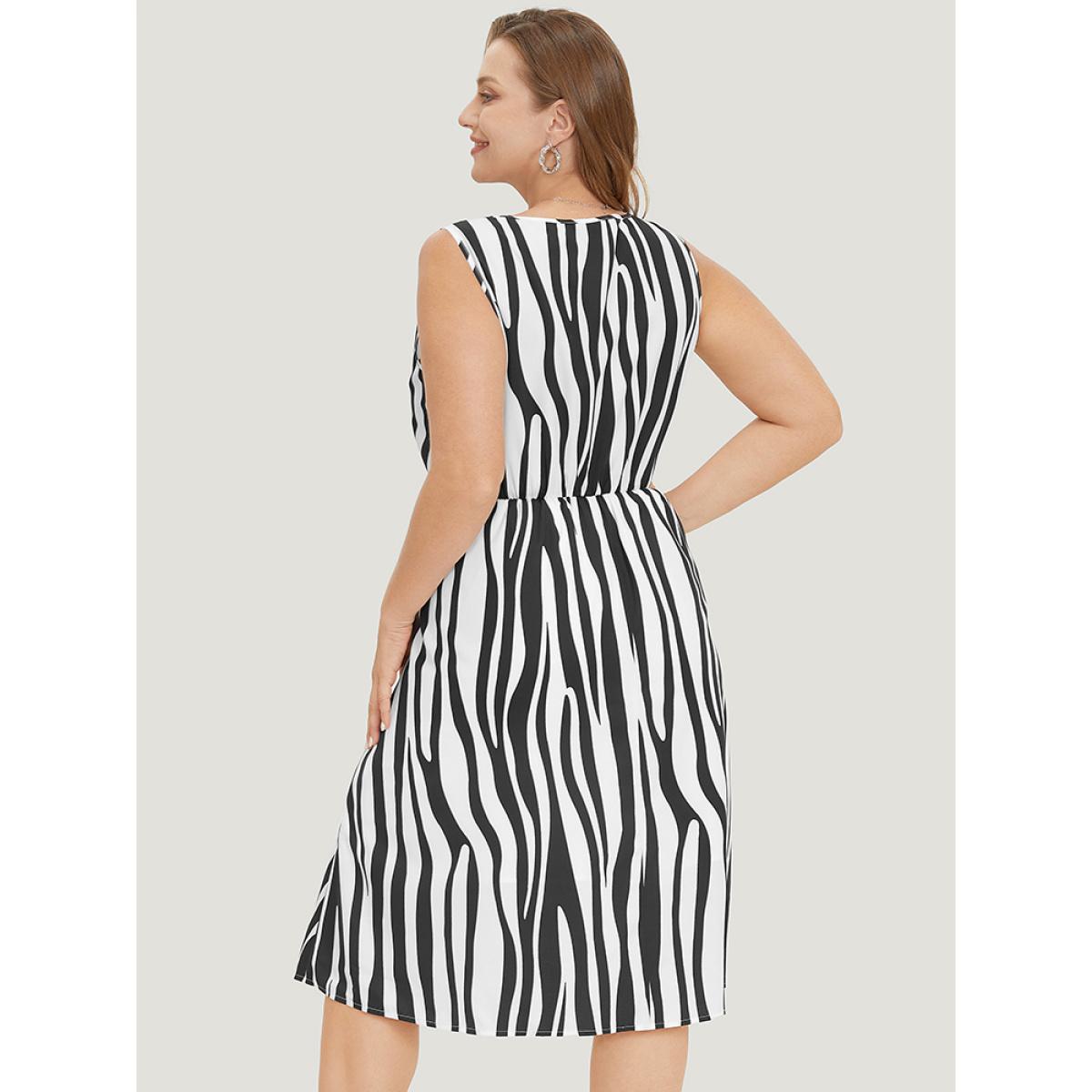 Plus Size Zebra Print Ruffle Sleeveless Pocket Knot Neck Dress Black Women Elegant V-neck Sleeveless Curvy Knee Dress BloomChic 12/L Product Image