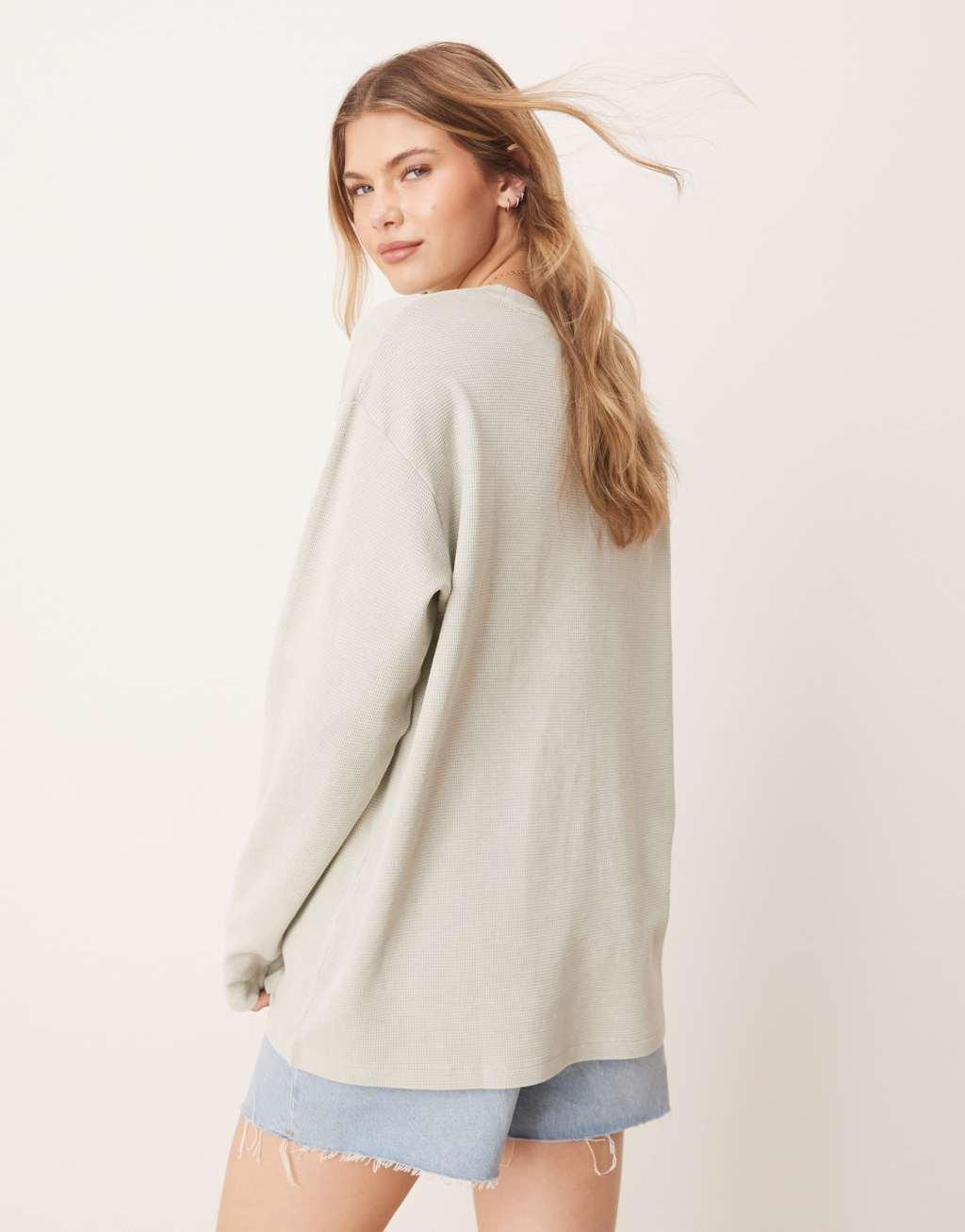 ASOS DESIGN waffle knit long sleeve skater tee in washed sage Product Image