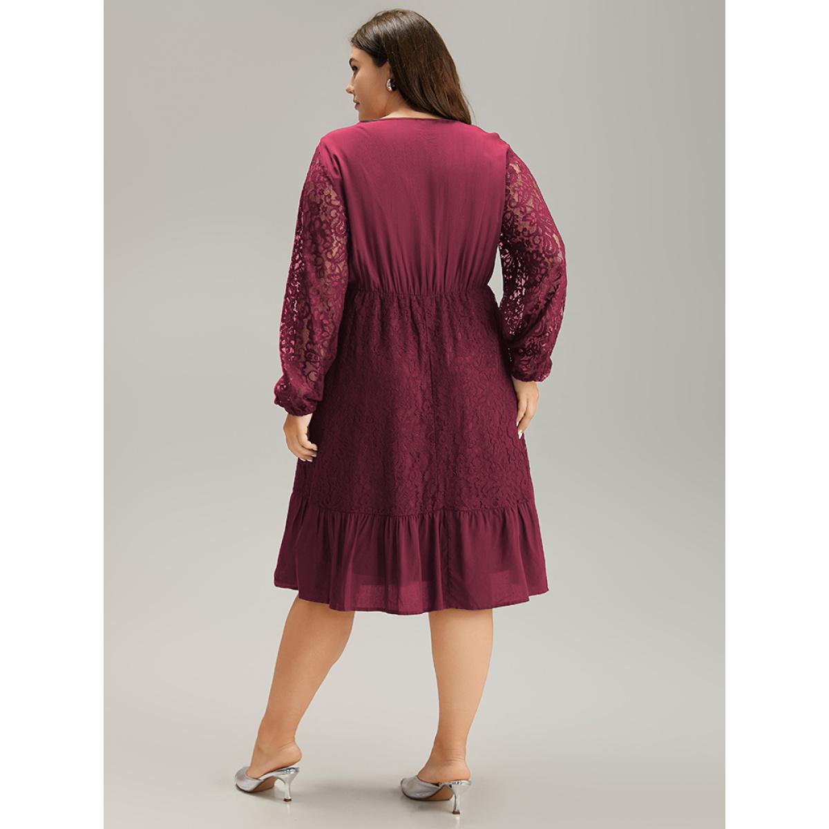 Plus Size Lace Panel Mesh Flutter Hem Dress Burgundy Women Elegant Elastic cuffs V-neck Long Sleeve Curvy Midi Dress BloomChic 22-24/3X Product Image