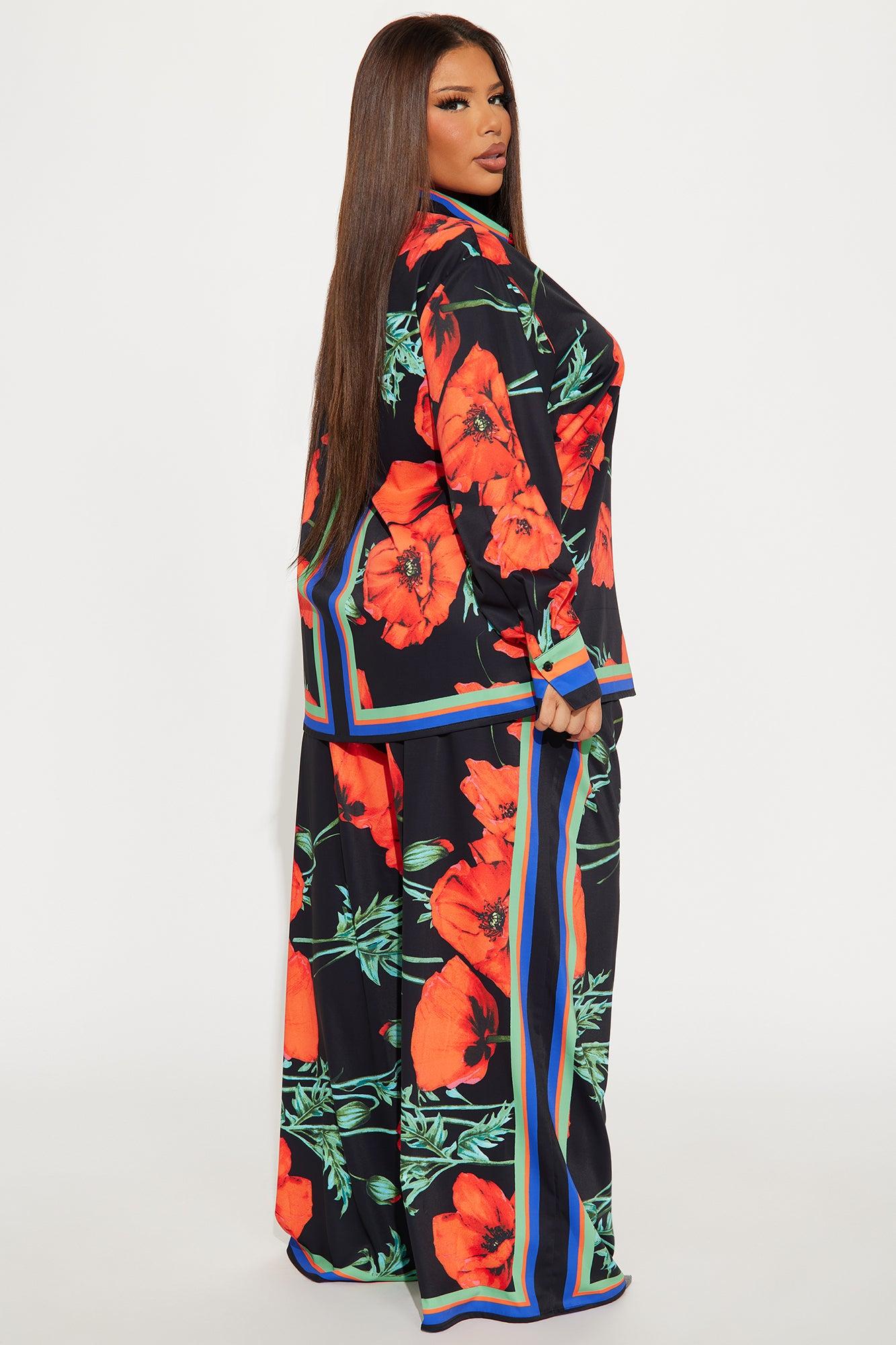 Show Out Floral Satin Pant Set - Black/combo Product Image