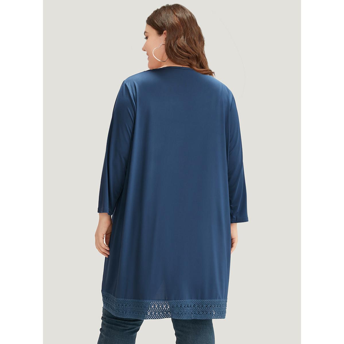 Plus Size Supersoft Essentials Plain Lace Patchwork Open Front Kimono Women DarkBlue Casual Plain Dailywear Kimonos BloomChic 10/M Product Image