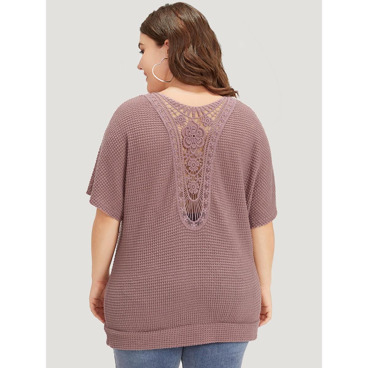 Plus Size Plain Waffle Knit Plicated Detail Guipure Lace Flutter Sleeve T-shirt DustyPink Women Elegant Non Plain Round Neck Work T-shirts BloomChic 30/6X Product Image