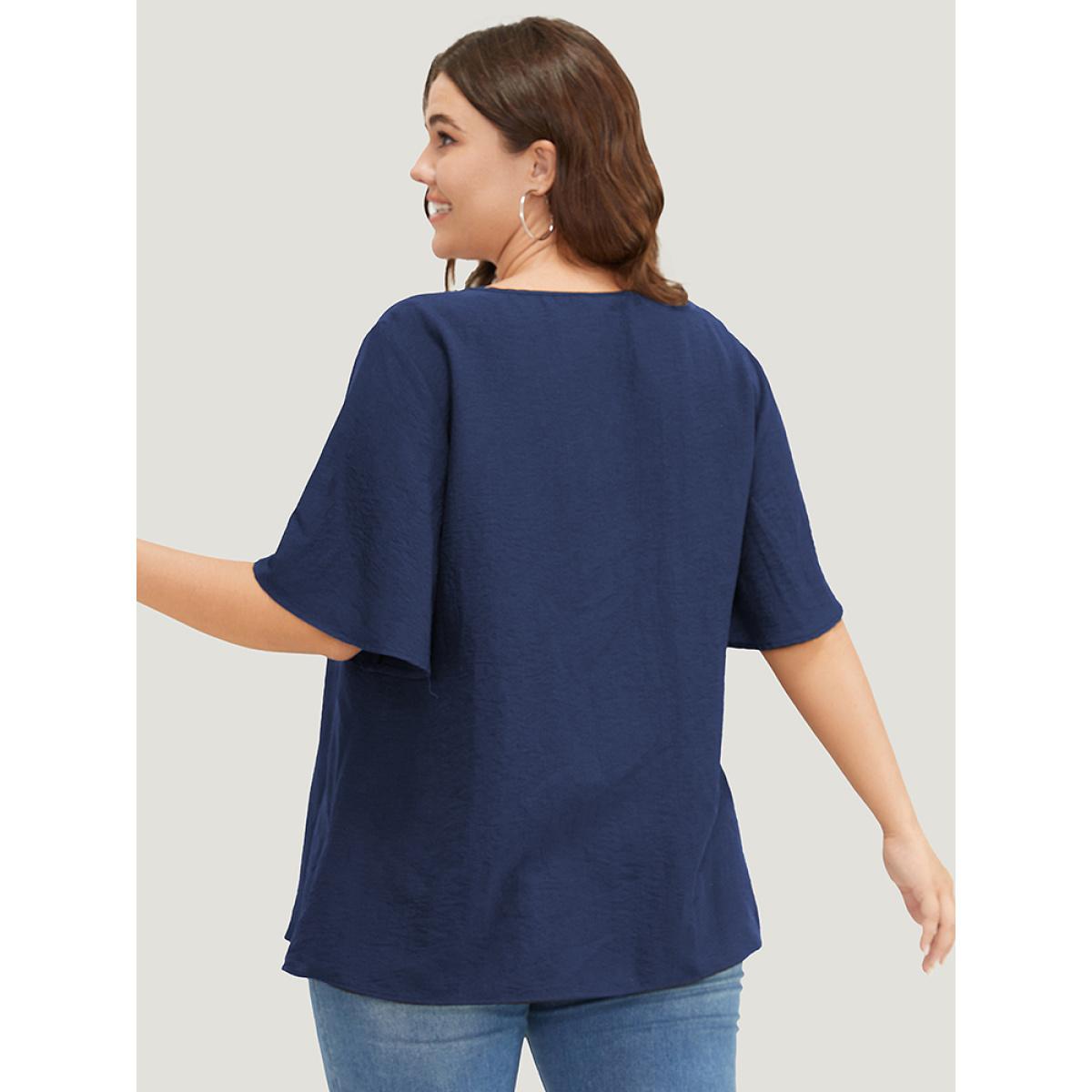 Plus Size Indigo Plain Contrast Tape Keyhole Neck Ruffle Sleeve Blouse Women Vacation Short sleeve Round Neck Dailywear Blouses BloomChic 10/M Product Image