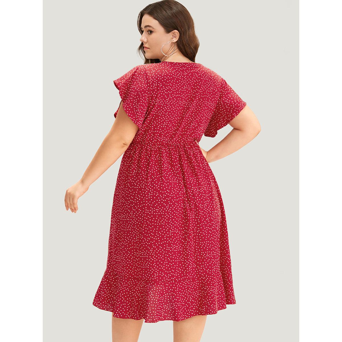 Plus Size Polka Dot Ruffles Wrap Pocket Asymmetrical Hem Dress Raspberry Women Elegant Wrap V-neck Short sleeve Curvy Knee Dress BloomChic 14-16/1X Product Image