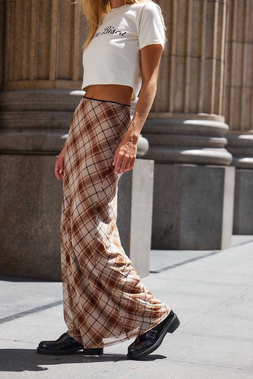 Julia Brown Plaid Mesh Maxi Skirt Product Image