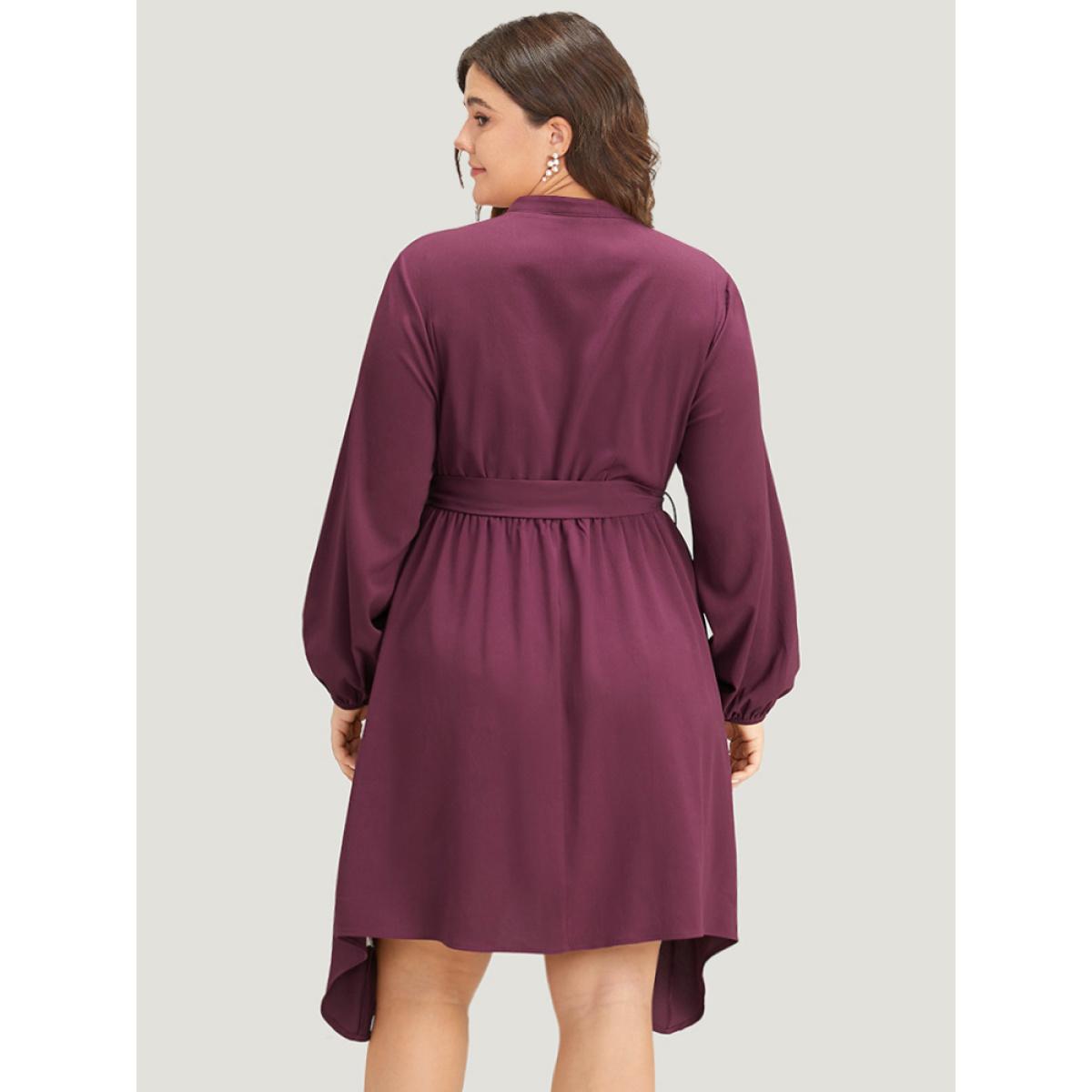 Plus Size Halloween Plain Lantern Sleeve Belted Lace Up Asymmetrical Hem Dress Purple Women Office Elastic cuffs Tie Neck Long Sleeve Curvy Knee Dress BloomChic 30/6X Product Image