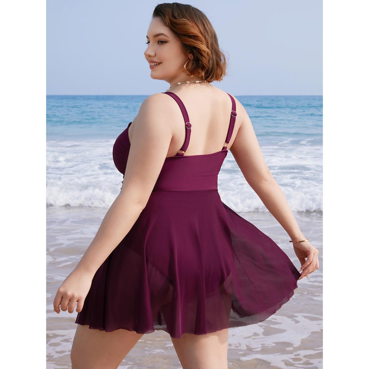 Plus Size Mesh Patchwork Flutter Crossover Sculpt Waist Swim Dress Women's Swimwear RedViolet Vacation Bodycon High stretch Curve Swim Dresses BloomChic 10/M Product Image