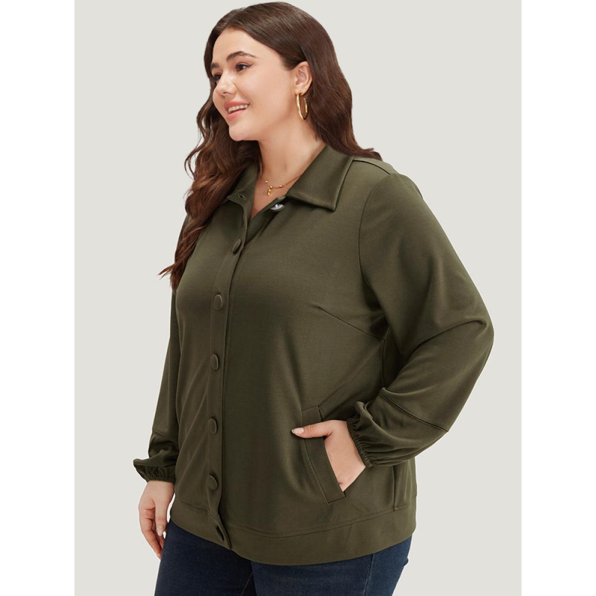 Plus Size Plain Slant Pocket Button Up Elastic Cuffs Jacket Women ArmyGreen Elastic cuffs Pocket Everyday Jackets BloomChic 30/6X Product Image