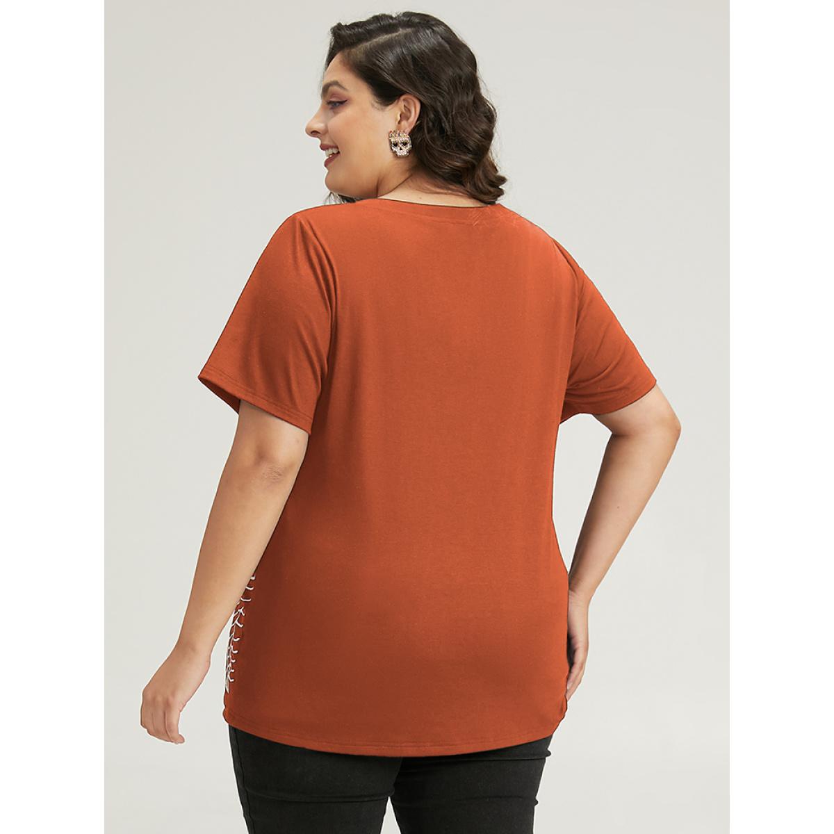 Plus Size Halloween Spider Web Print V Neck T-shirt Chocolate Women Casual Printed Halloween V-neck Festival-Halloween T-shirts BloomChic 30/6X Product Image