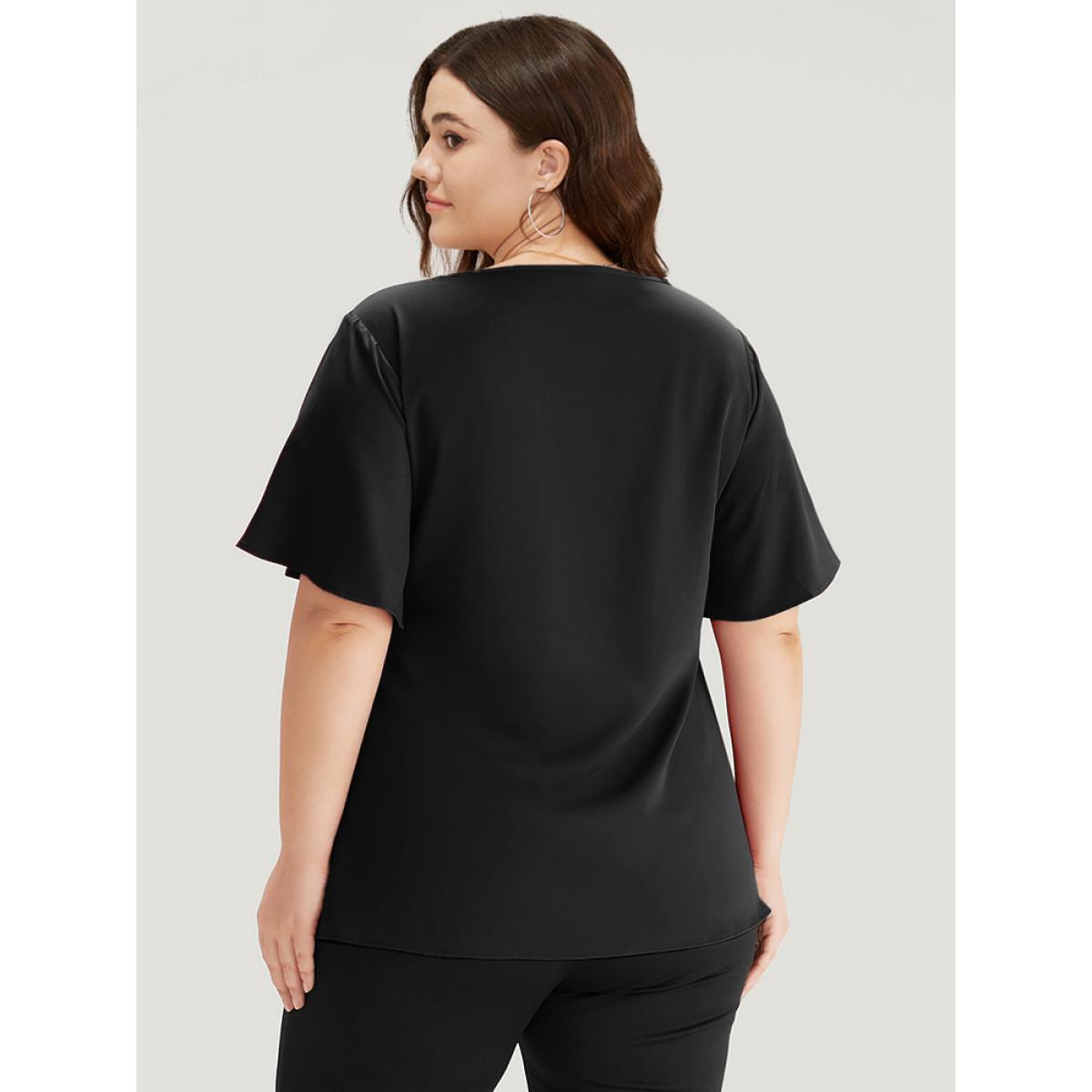 Plus Size Black Plain Ruffle Sleeve Cut Out Blouse Women Office Short sleeve Keyhole Cut-Out Work Blouses BloomChic 30/6X Product Image