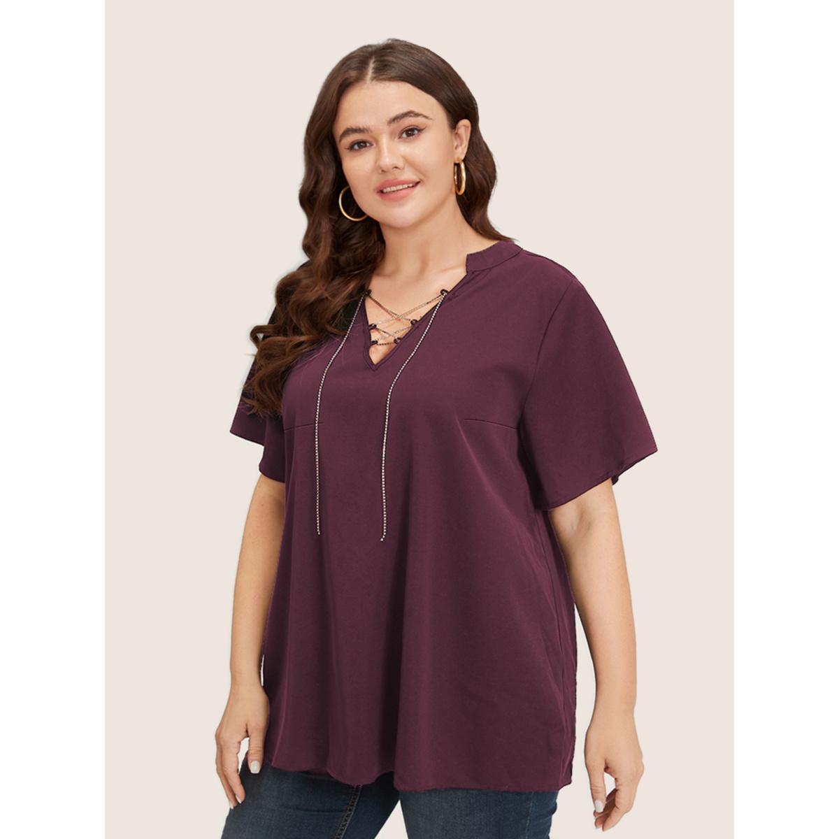 Plus Size Indigo Solid Crisscross Notched Metal Decor Blouse Women Office Short sleeve Notched collar Office Blouses BloomChic 10/M Product Image