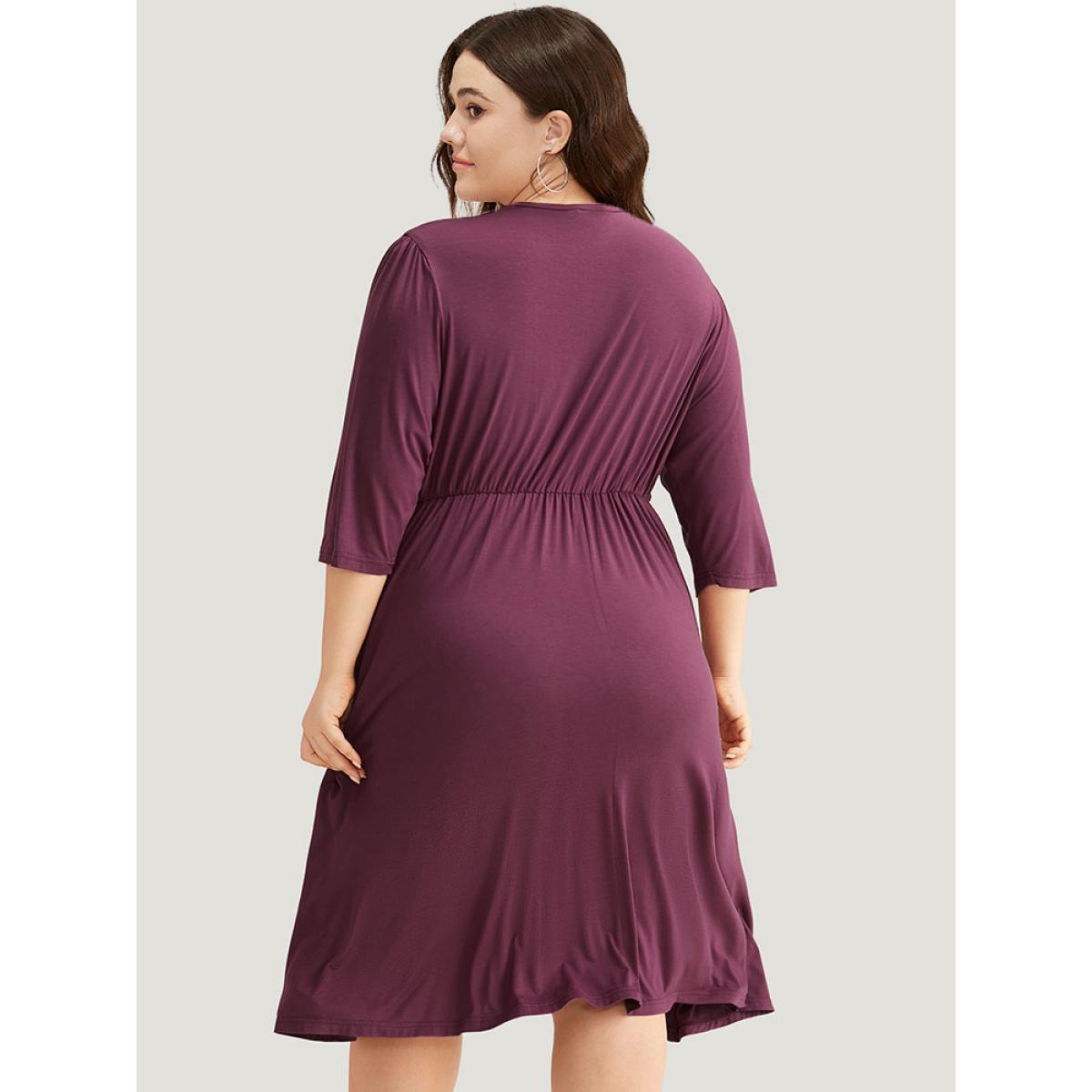 Plus Size Asymmetrical Button Detail Ruffle Hem Dress Purple Women Office Plain V-neck Elbow-length sleeve Curvy Midi Dress BloomChic 26/4X Product Image