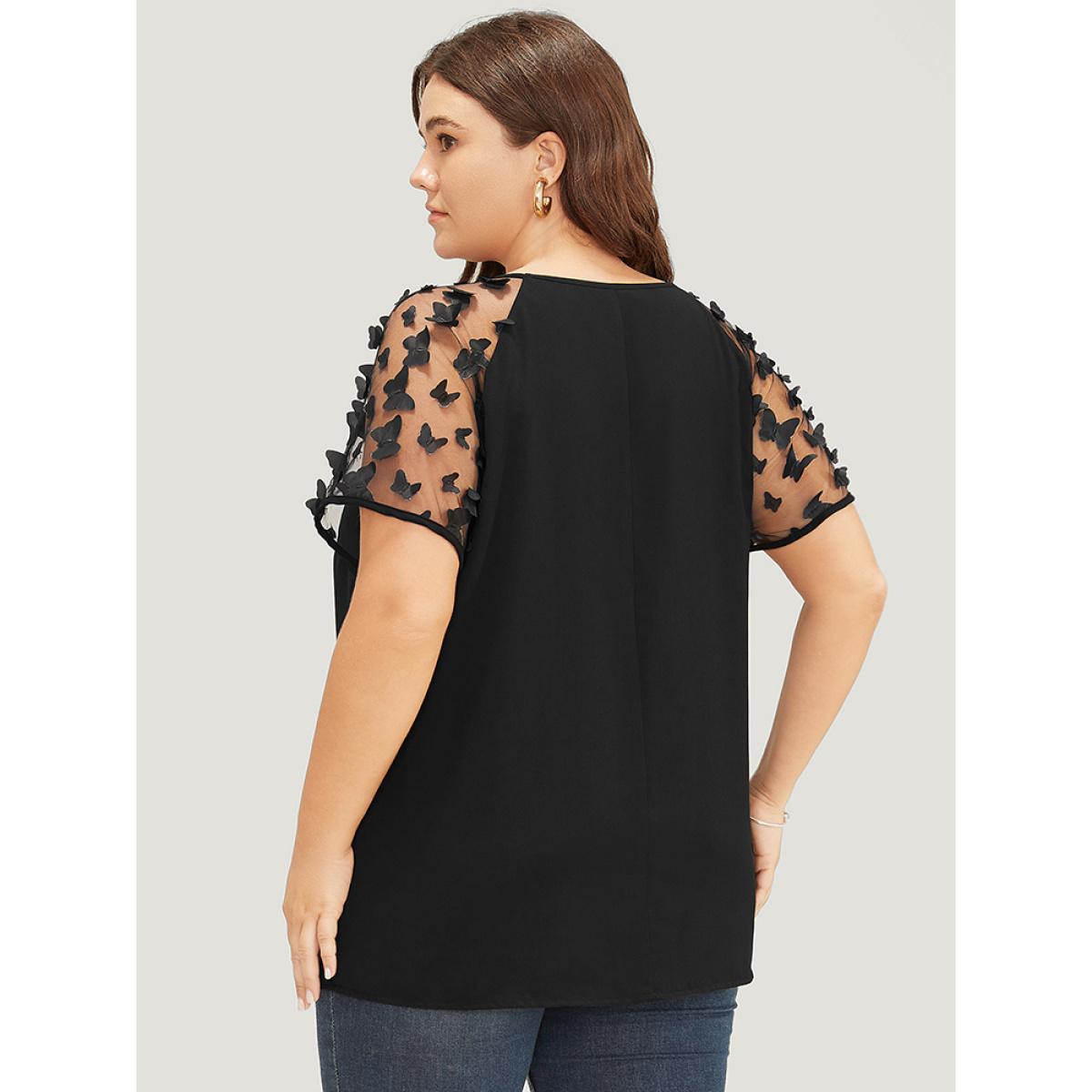 Plus Size Black Plain Butterfly Appliques Mesh Raglan Sleeve Blouse Women Party Short sleeve Round Neck Dailywear Blouses BloomChic 10/M Product Image