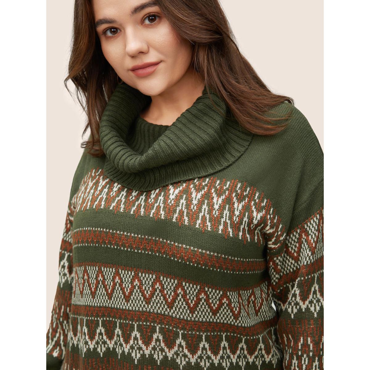 Plus Size Geo Pattern Split Side Turtle Neck Jacquard Pullover ArmyGreen Women Casual Loose Long Sleeve Turtleneck Dailywear Pullovers BloomChic 18-20/2X Product Image