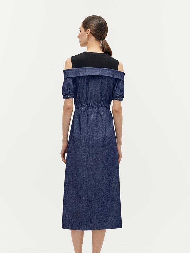 Denim Lyocell Cold Shoulder Patchwork Women Midi Dress Product Image