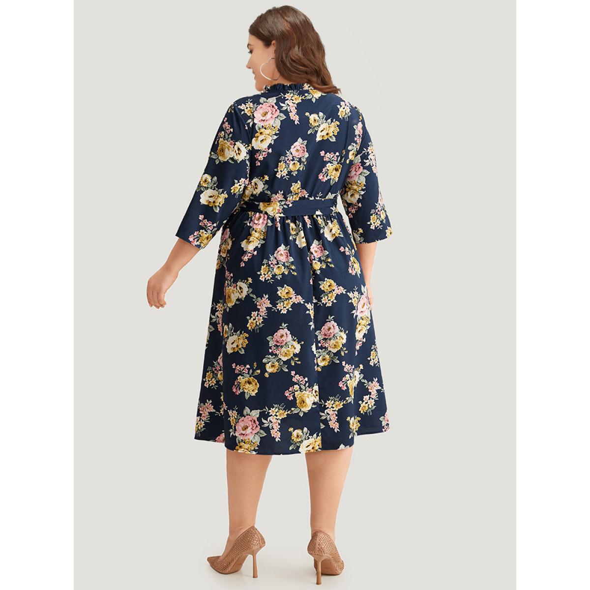 Plus Size Floral Print Frill Trim Belted Pocket Dress Navy Women Office Belted Notched collar Elbow-length sleeve Curvy Midi Dress BloomChic 22-24/3X Product Image