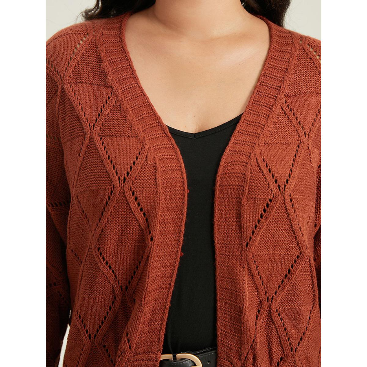 Plus Size Geometric Hollow Out Open Front Cardigan Rust Women Casual Loose Long Sleeve Dailywear Cardigans BloomChic 12/L Product Image