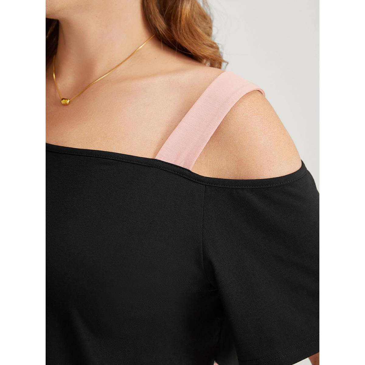 Plus Size Two Tone Asymmetrical Neck T-shirt Black Women Elegant Contrast Colorblock Asymmetrical Neck Dailywear T-shirts BloomChic 22-24/3X Product Image