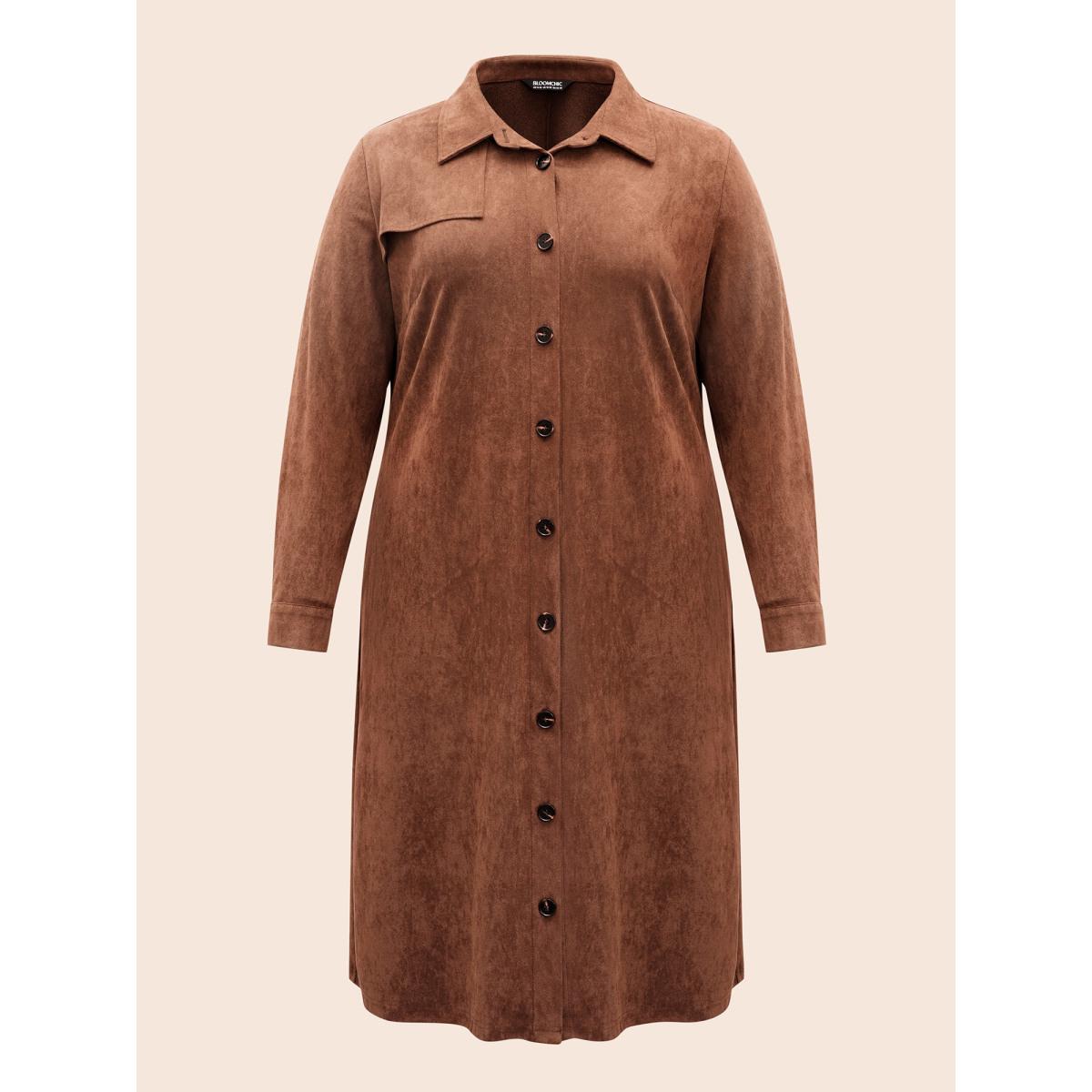 Plus Size Faux Suede Shirt Collar Midi Dress Browncoffeecolor Women Elegant Texture Shirt collar Long Sleeve Curvy BloomChic 14-16/1X Product Image