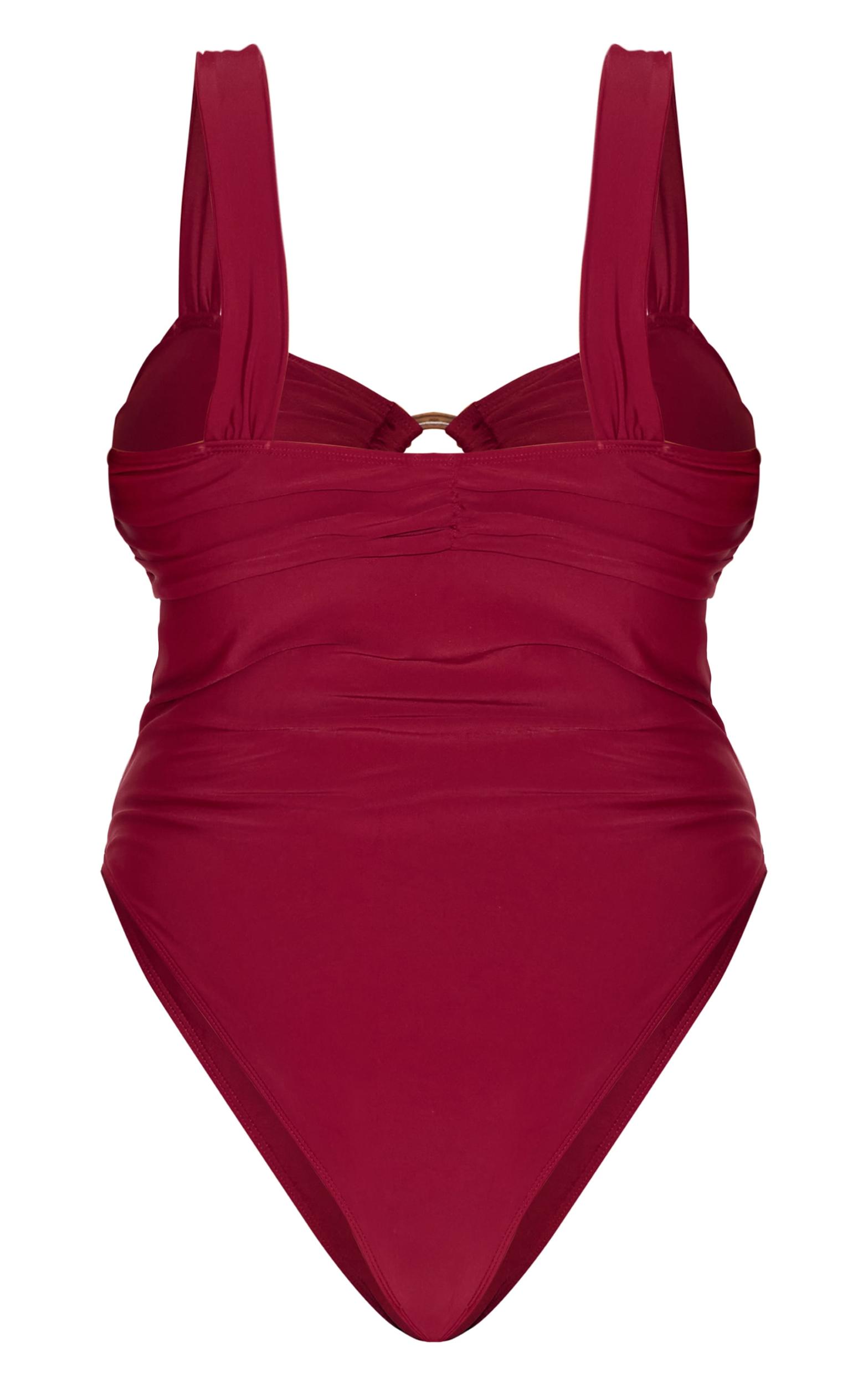 Plus Burgundy O Ring Ruched Cut Out Swimsuit Product Image