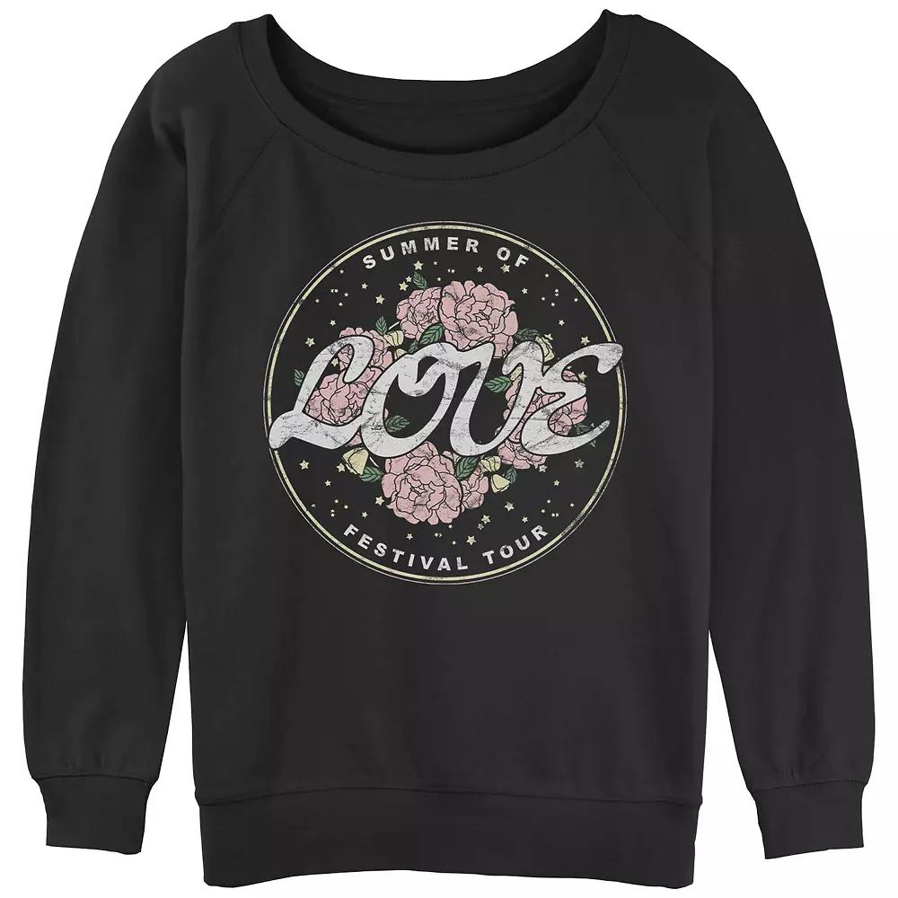 Juniors' Summer Of Love Festival Tour Stamp Slouchy Terry Graphic Pullover, Women's, Size: Medium, Black Product Image