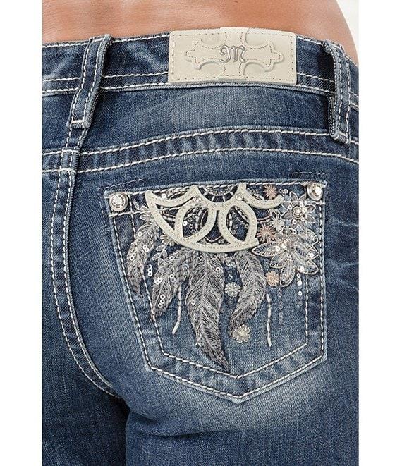 Miss Me Mid Rise Embellished Dreamcatcher Back Pocket Bootcut Jeans Product Image