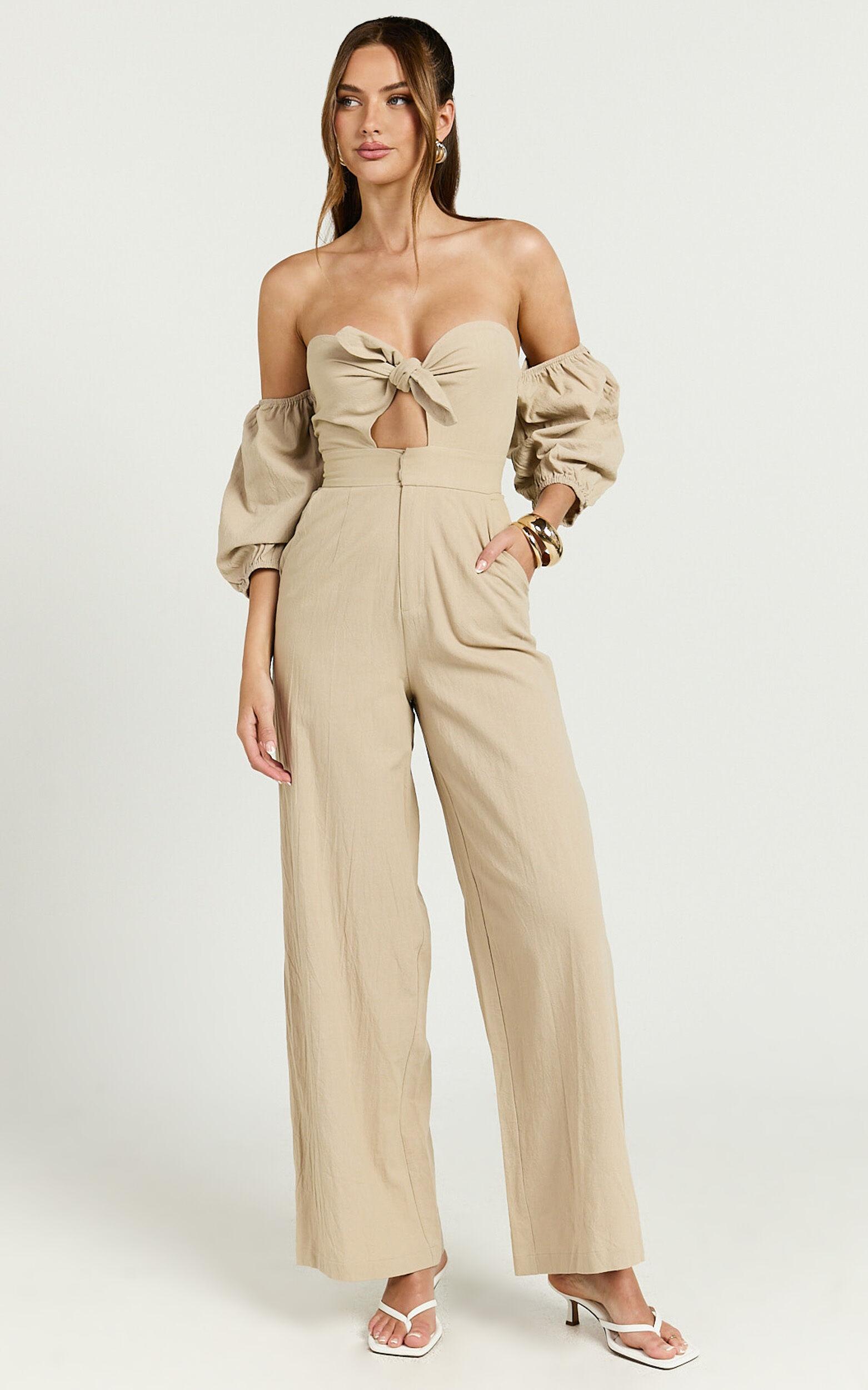 Maja Jumpsuit - Front Tie Off Shoulder Jumpsuit in Sand Product Image